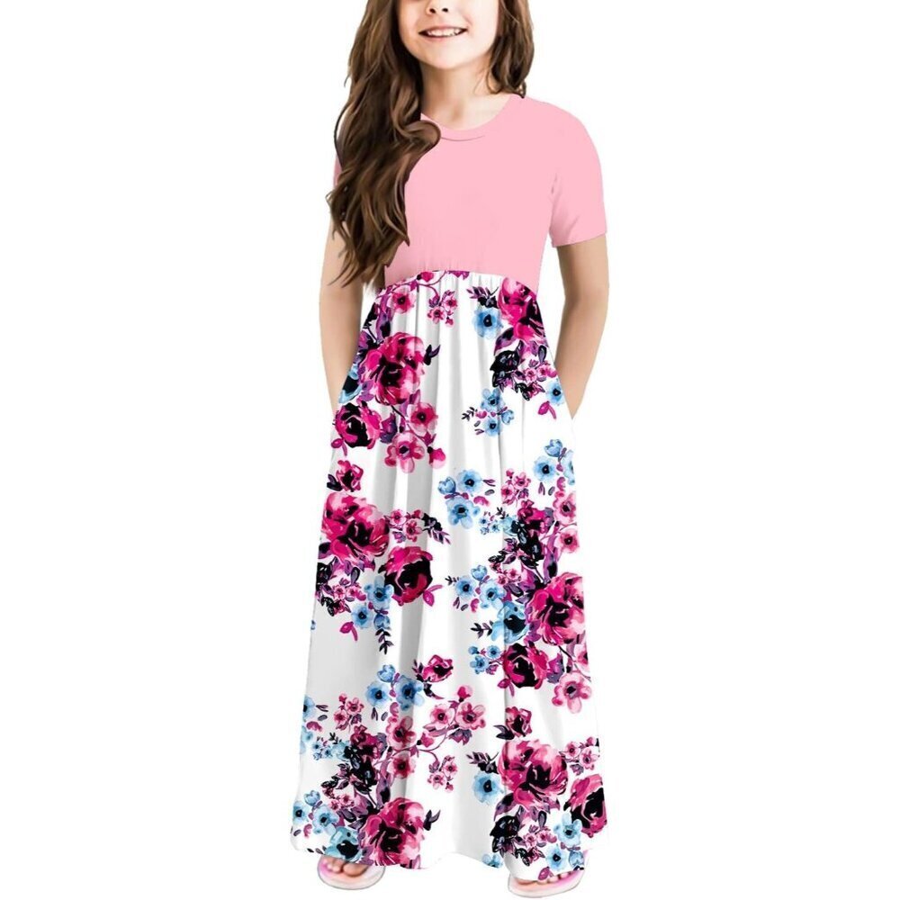 🆕Girls Pink Polyester Blend Casual Loose Fit Maxi Dress with Pockets, 1